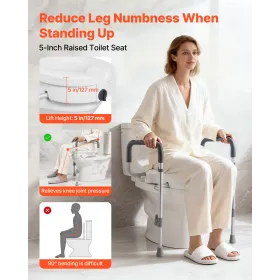 Raised Toilet Seat with Arms, 159 kg Capacity, 127 mm Lift Height & Adjustable Width, Widened Commode Elevated Toilet Seat
