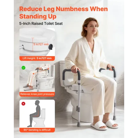 Raised Toilet Seat with Arms, 159 kg Capacity, 127 mm Lift Height & Adjustable Width, Widened Commode Elevated Toilet Seat