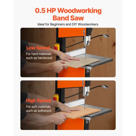 VEVOR båndsav med stativ, 254 mm, to-gears bordpladebåndsav, 373W 1/2 HK, 160 mm Max klippehøjde, 335 x 340 mm Støbejern Ta