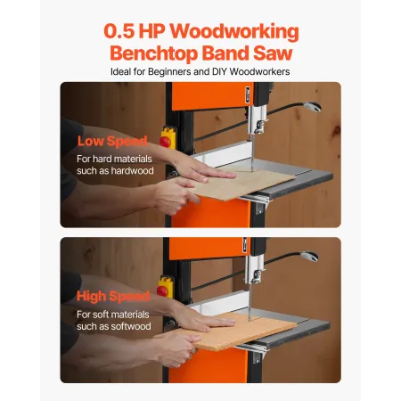 VEVOR båndsav, 254 mm, to-gears bordsav med 373W 1/2 HK motor, 160 mm maks. klippehøjde, 335 x 340 mm støbejernsflig