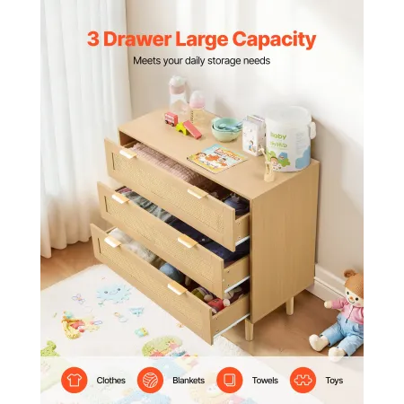 VEVOR 3 skuffer rattan kommode, moderne skabskommode til soveværelset, naturlig rattan kommode med metalhåndtag og træ