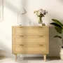 3 Drawer Rattan Dresser, Modern Closet Dresser for Bedroom, Natural Rattan Chest of Drawers with Metal Handles & Wooden Legs, Ch