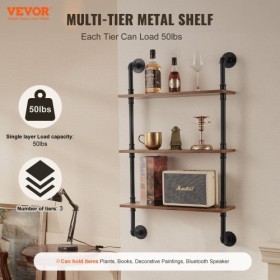 Industrial Pipe Shelf 3 Tier 24x7.87in Wall-Mount for Kitchen Bedroom