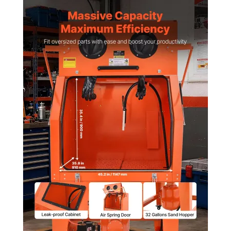 927L Sandblasting Cabinet with Pressurized Tank, Heavy Duty Steel Sand Blasting Cabinet on Wheels - with 121L Media Hopper & 120