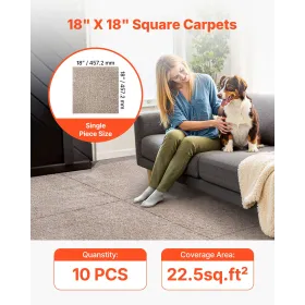 VEVOR Carpet Tiles 457x457 mm, 10 Pack Carpet Square Rug Detachable & Damage-free, Self Adhesive Home Floor Soft Plush Padded fo