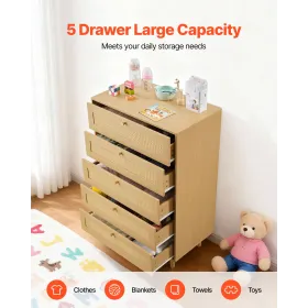 VEVOR 5 Drawer Rattan Dresser, Modern Closet Dresser for Bedroom, Natural Rattan Chest of Drawers with Metal Handles & Wooden Le