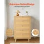 5 Drawer Rattan Dresser, Modern Closet Dresser for Bedroom, Natural Rattan Chest of Drawers with Metal Handles & Wooden Legs, Ch
