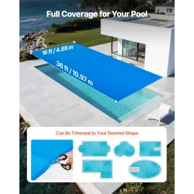 Solar Pool Cover, 10.97 x 4.88m Rectangle Pool Bubble Cover, 12 Mil Pools Solar Blanket with Bubble & PE Material, Daytime Heat 