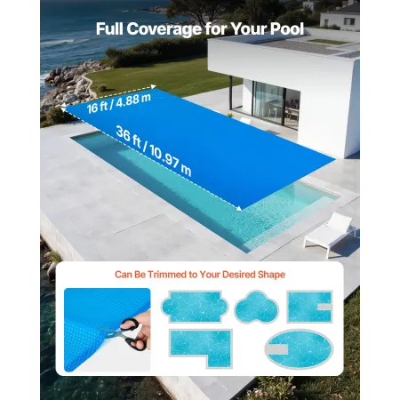 VEVOR Solar Pool Cover, 10,97 x 4,88 m rektangel Pool Boble Cover, 12 Mil Pools Solar Tæppe med Boble & PE materiale, dagtimerne