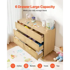 6 Drawer Rattan Dresser, Double Dresser for Bedroom, Natural Rattan Chest of Drawers with Metal Handles & Legs, Modern Wood Ches