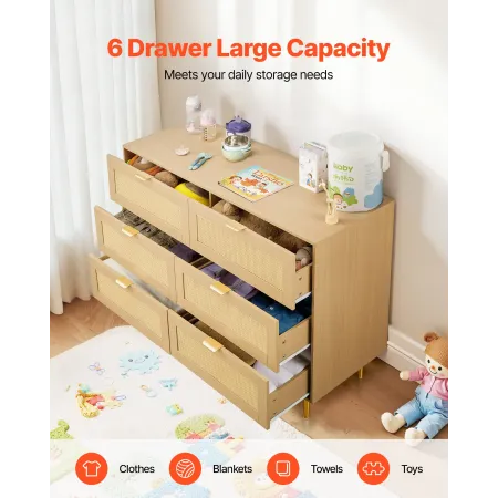 6 Drawer Rattan Dresser, Double Dresser for Bedroom, Natural Rattan Chest of Drawers with Metal Handles & Legs, Modern Wood Ches
