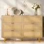 VEVOR 6 Drawer Rattan Dresser, Double Dresser for Bedroom, Natural Rattan Chest of Drawers with Metal Handles & Legs, Modern Woo