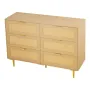6 Drawer Rattan Dresser, Double Dresser for Bedroom, Natural Rattan Chest of Drawers with Metal Handles & Legs, Modern Wood Ches