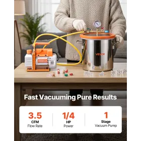 VEVOR 11.36 L Vacuum Chamber with Pump, 3.5 CFM 99 L/min, Single Stage Vacuum Pump, Stainless Steel Degassing Chamber Kit, Tempe