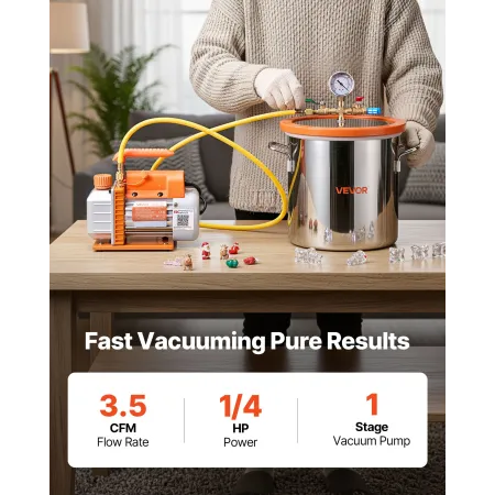 VEVOR 11,36 L vakuumkammer med pumpe, 3,5 CFM 99 l/min, enkelttrins vakuumpumpe, rustfrit stål afgasningskammersæt, Tempe