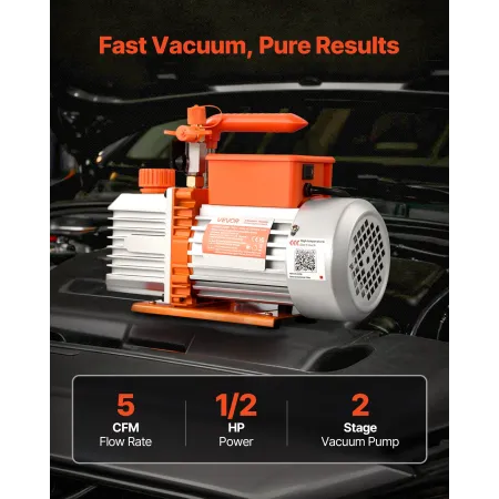 Vacuum Pump, 5 CFM 142 L/min, HVAC Two Stage Rotary Vane AC Vacuum Pump, for R134a R22 R410a Systems, 4 Pole Motor, for Automoti