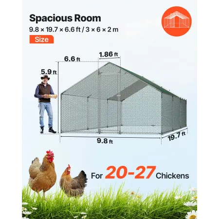 Metal Chicken Coop, 9.8x19.6x6.5 ft Large Walk-in Chicken Runs with Cover, Spire Roof Hen House Enclosure with Security Lock, Ou