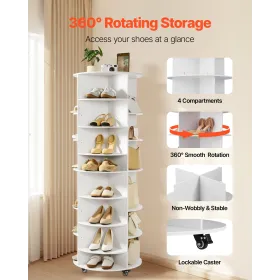 7 Tier Rotating Shoe Rack Tower with Adjustable Shelves, Movable 360° Spinning Carousel Display with Wheels, Lazy Susan Organize