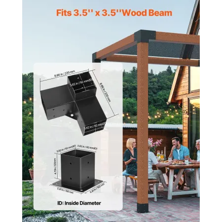 VEVOR Pergola Bracket Kit, 4x4 Inch (Inner Size 92 x 92 mm), 4 Pcs 3-Way Heavy Duty Corner Bracket Woodworks DIY Post Base Kit, 