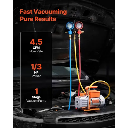 VEVOR AC Vacuum Pump and Gauge Set, 4.5 CFM 127 L/min, Single Stage Rotary Vane HVAC Vacuum Pump, Manifold Gauge Kit, for R134a 