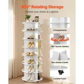VEVOR 7 Tiers Rotating Shoe Rack Tower with Wheels, Movable 360° Spinning Carousel Display, Lazy Susan Organizer Closet Shelf fo