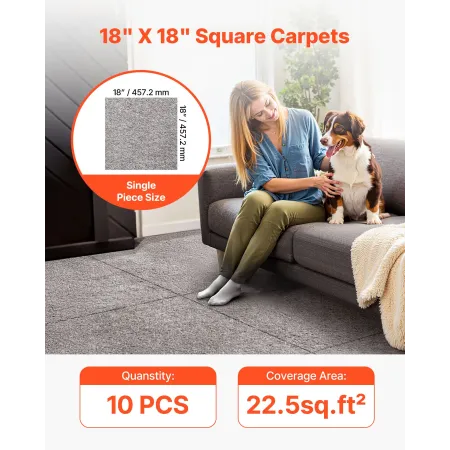 VEVOR Carpet Tiles 457x457 mm, 10 Pack Carpet Square Rug Detachable & Damage-free, Self Adhesive Home Floor Soft Plush Padded fo