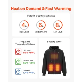 VEVOR Heated Jacket Hoodie til Mænd Damer, Opvarmet Sweatshirt Unisex Full-Zip med 7,4V 16000mAh Power Bank Pack, 5 Varmezoner,