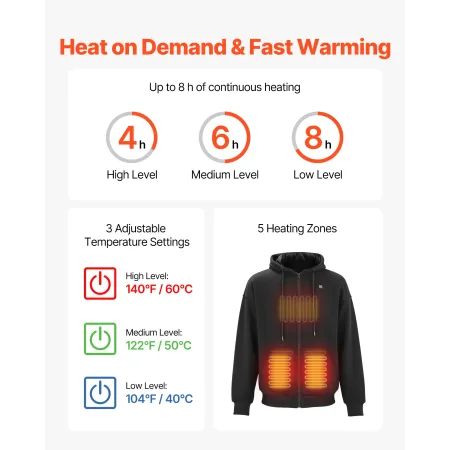 VEVOR Heated Jacket Hoodie til Mænd Damer, Opvarmet Sweatshirt Unisex Full-Zip med 7,4V 16000mAh Power Bank Pack, 5 Varmezoner,