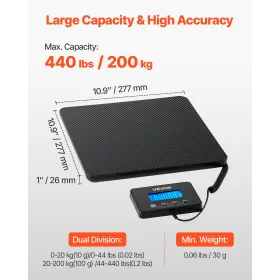 VEVOR Digital Postal Scale, 10 g/100 g Dual Accuracy, 200 kg Commercial Weight Scale with Hold/Tare Function & LCD Display, Fit 
