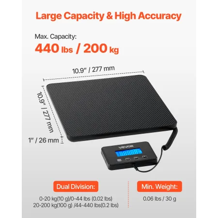 VEVOR digital postvægt, 10 g/100 g dobbelt nøjagtighed, 200 kg kommerciel vægt med hold/tara-funktion og LCD-skærm, pasform