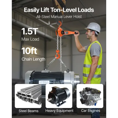 VEVOR manuel kædetalje, 1-1/2T 1500KG Kapacitet Heavy Duty Come Always, 3M Lift G80 legeret stålkæde med dobbelt pal-meka