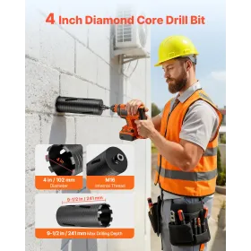 Core Drill Bit, 102 mm Diameter, 241 mm Drilling Depth, M16 Internal Thread, Diamond Dry Coring Bit with 3 Adapters, Pilot Drill