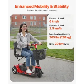VEVOR 3-Wheel Electric Mobility Scooter for Adult & Seniors, Foldable Mobility Scooter with 20KM Long Range, All Terrain Travel 