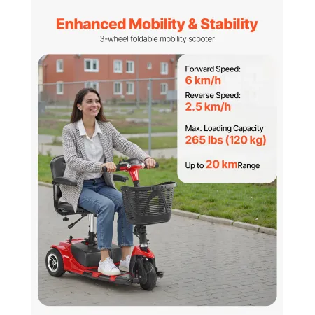 3-Wheel Electric Mobility Scooter for Adult & Seniors, Foldable Mobility Scooter with 20KM Long Range, All Terrain Travel Wheelc