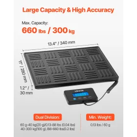 VEVOR Digital Postal Scale, 20 g/100 g Dual Accuracy, 300 kg Commercial Weight Scale with Hold/Tare Function & LCD Display, Fit 