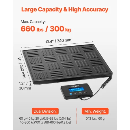 VEVOR Digital Postal Scale, 20 g/100 g Dual Accuracy, 300 kg Commercial Weight Scale with Hold/Tare Function & LCD Display, Fit 
