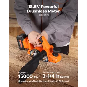 VEVOR Cordless Handheld Planer, 82 mm Cut Width, 15000 RPM Electric Hand Wood Planer with 4 Ah 18V Lithium Battery, Brushless Mo