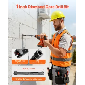 Core Drill Bit, 25 mm Diameter, 241 mm Drilling Depth, M16 Internal Thread, Diamond Dry Coring Bit with 3 Adapters, Pilot Drill 