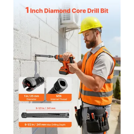 Core Drill Bit, 25 mm Diameter, 241 mm Drilling Depth, M16 Internal Thread, Diamond Dry Coring Bit with 3 Adapters, Pilot Drill 