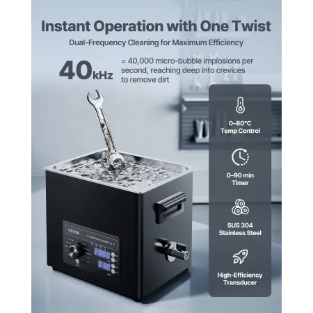 VEVOR 10L Ultrasonic Cleaner, Professionel Ultrasonic Cleaner Machine med Knop Control, Rustfri Stål Rensemaskine med B