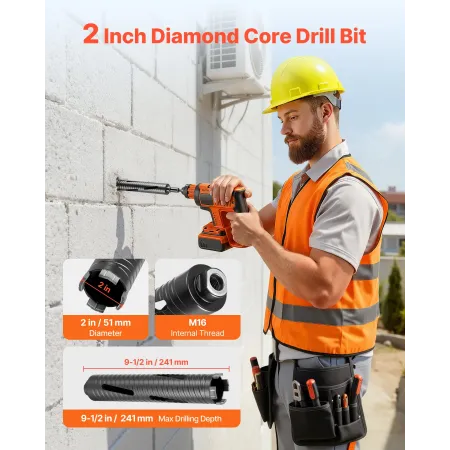 VEVOR Core Drill Bit, 51 mm Diameter, 241 mm Drilling Depth, M16 Internal Thread, Diamond Dry Coring Bit with 3 Adapters, Pilot 