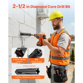 VEVOR Core Drill Bit, 64 mm Diameter, 241 mm Drilling Depth, M16 Internal Thread, Diamond Dry Coring Bit with 3 Adapters, Pilot 