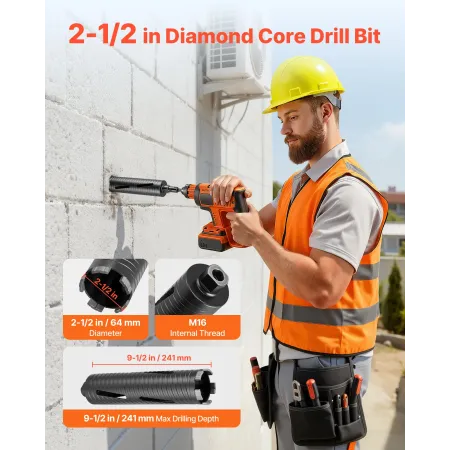 VEVOR Core Drill Bit, 64 mm Diameter, 241 mm Drilling Depth, M16 Internal Thread, Diamond Dry Coring Bit with 3 Adapters, Pilot 