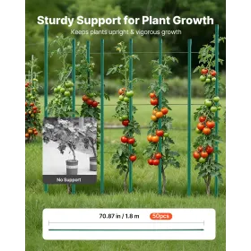 VEVOR havepæle, 50 stk., 1800 mm, plastbelagte metaltomatpæle, havestænger til plantestøtte, med spids ende og