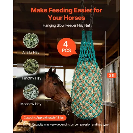 VEVOR Hay Nets for Horses, 4PCS, 0.9 m Extended Length, 38 x 38 mm Holes, PE Material, with Four Carabiner Hooks, Hanging Slow F