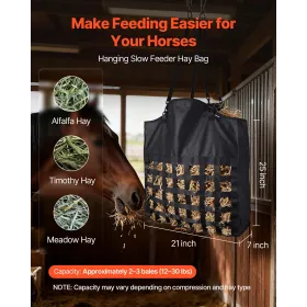 Hay Bag for Horses, 55 x 18.5 x 64 cm, 46 x 46 mm Holes, Premium Nylon Construction with PVC Waterproof Coating, Adjustable Hang