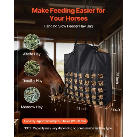 VEVOR Hay Bag for Horses, 55 x 18.5 x 64 cm, 46 x 46 mm Holes, Premium Nylon Construction with PVC Waterproof Coating, Adjustabl