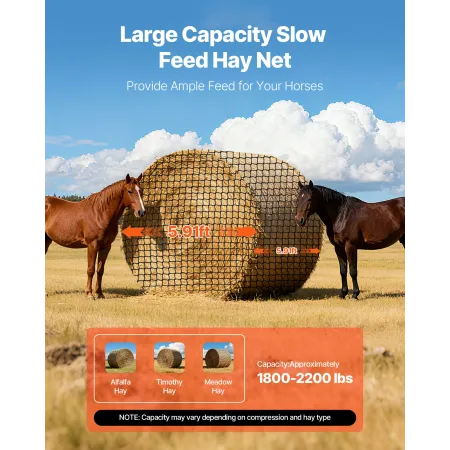 VEVOR Round Bale Hay Net, 1.8 x 1.8 x 1.8 m, 38.1 x 38.1 mm Holes, PE Material, Knotless Design, with Zip Ties, Needle Shuttle, 