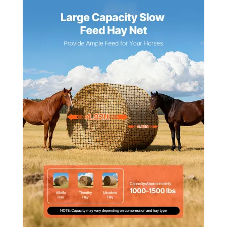 Round Bale Hay Net, 1.5 x 1.5 x 1.5 m, 44.45 x 44.45 mm Holes, PE Material, Reinforced Knotted Design, with Zip Ties, Needle Shu
