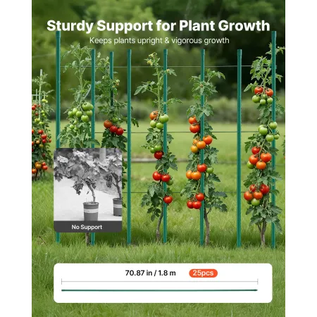 Garden Stakes, 25 Pack, 1800 mm, Plastic Coated Metal Tomato Stakes, Garden Sticks for Plants Support, with Pointed End and Non-